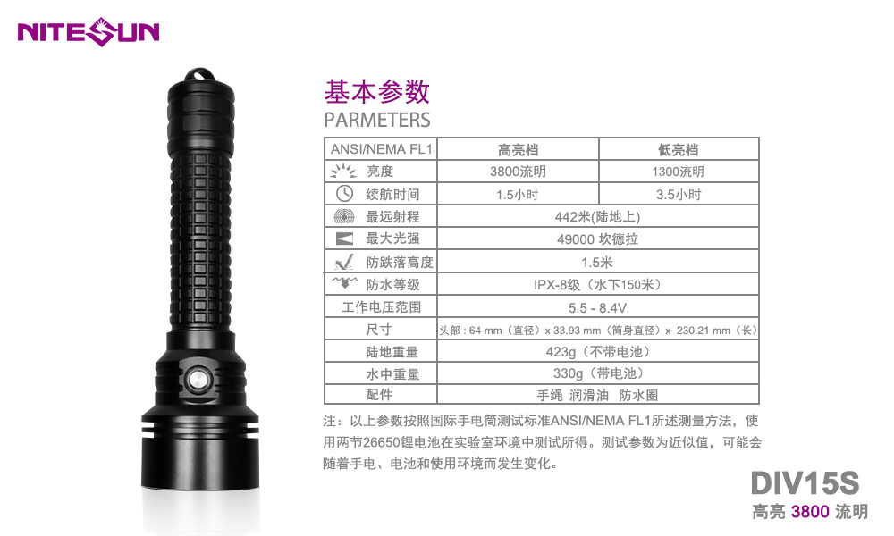NITESUN DIV15S 手持式潜水手电筒,水下手电筒,潜水灯,潜水打捞照明,水域救援照明